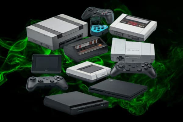 image of various gaming consoles generated by AI with a neon green smoke background