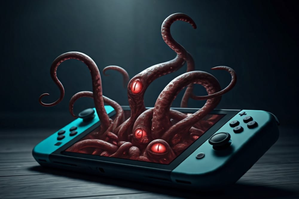 cthulhu octopus monster coming out of a nintendo switch screen