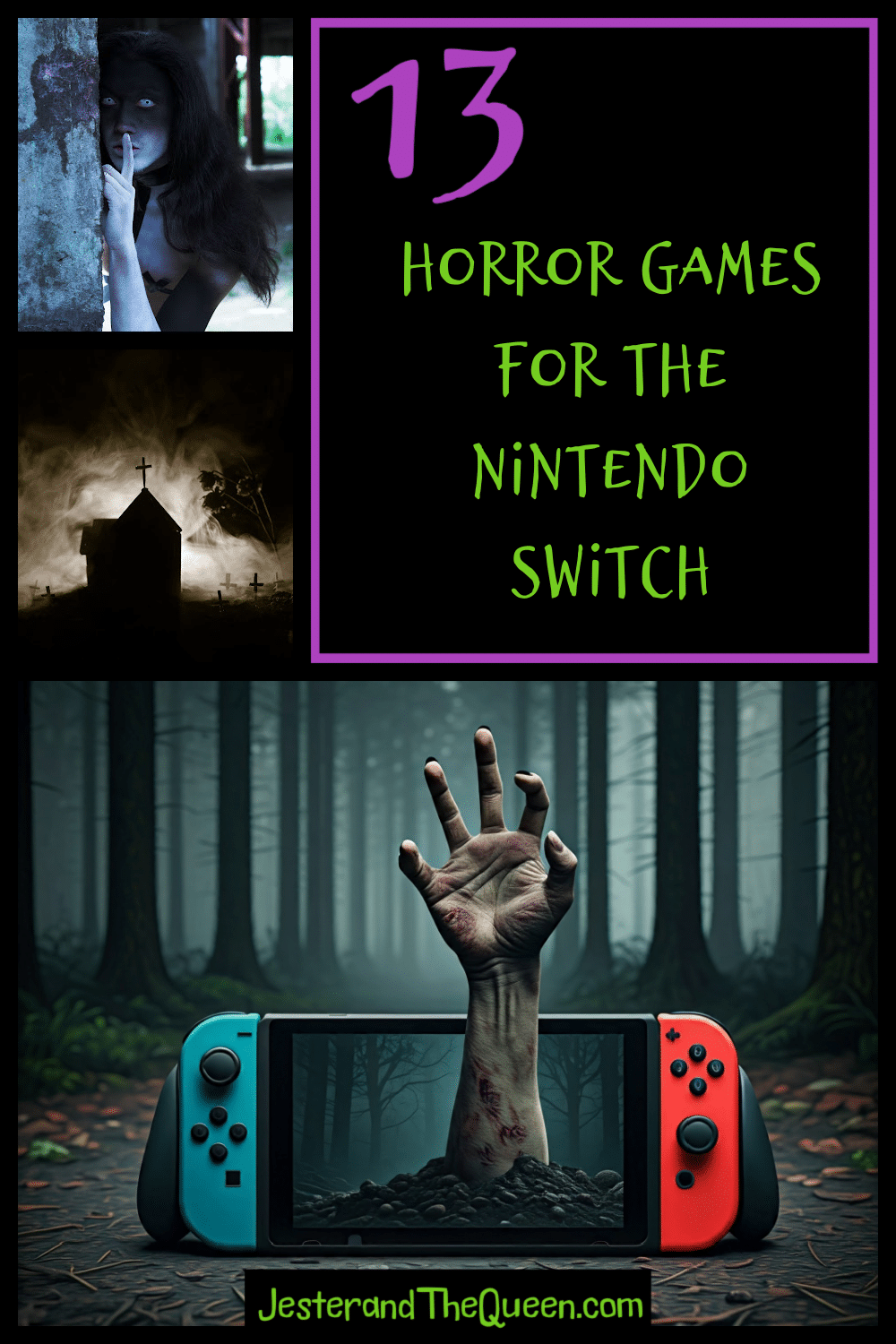 zombie hand coming out of a nintendo switch, a spooky old church, a dead ghost girl apparition the words 13 horror games for the nintendo switch