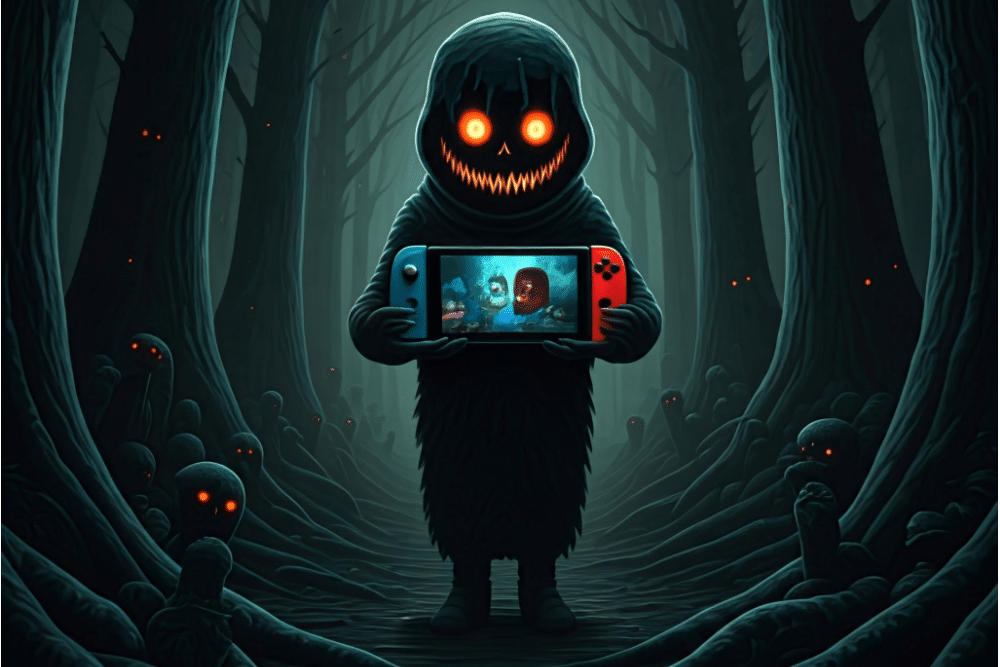 scary nightmare demon ghoul goblin clown pumpkin jack o'lantern in the dark creepy woods with glowing eyed creatures holding a nintendo switch