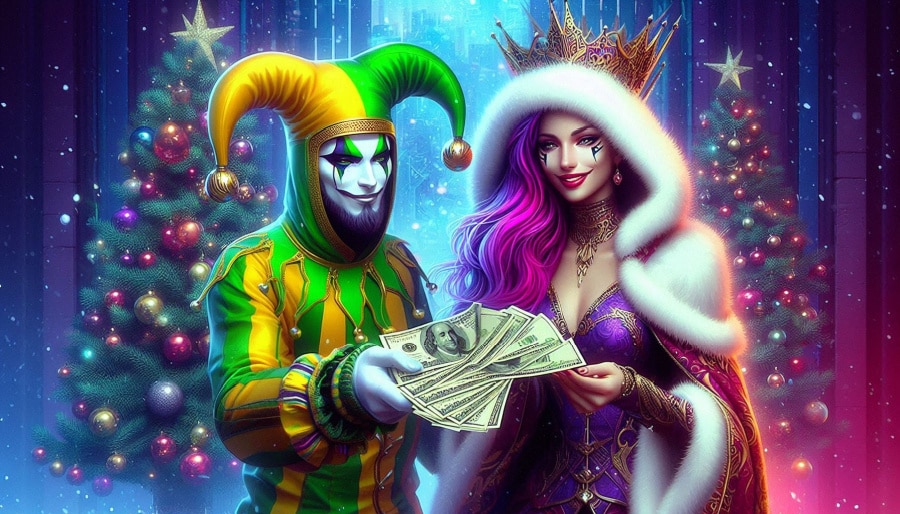 jester and the Queen holding cash with a Christmas background