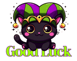 Umbreon The Cat wearing a jester hat in a kawaii style and the words goog luck