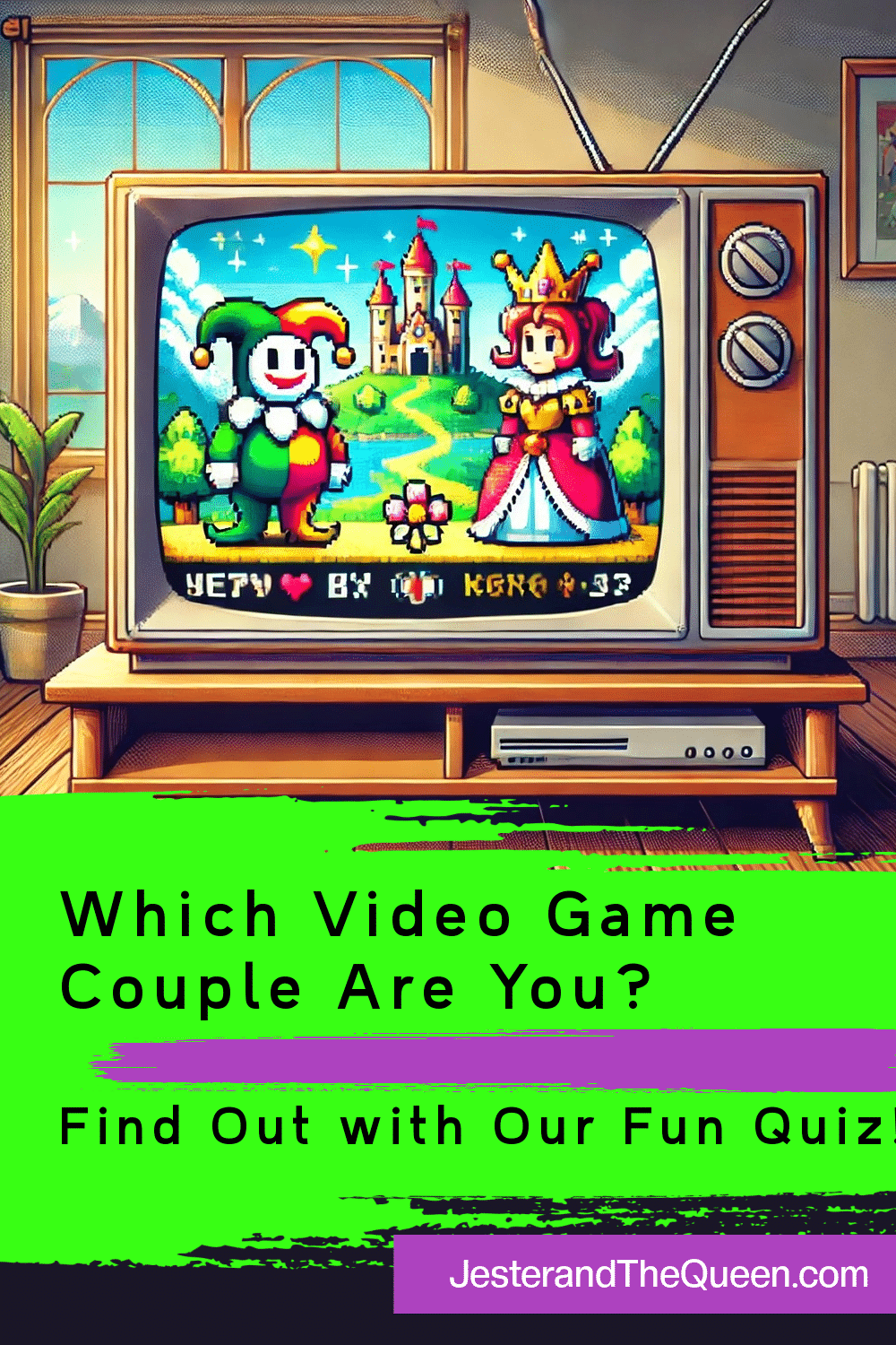 Which Video Game Couple Are You? Find Out with Our Fun Quiz! ai generated image of a retro video game with a jester and a queen