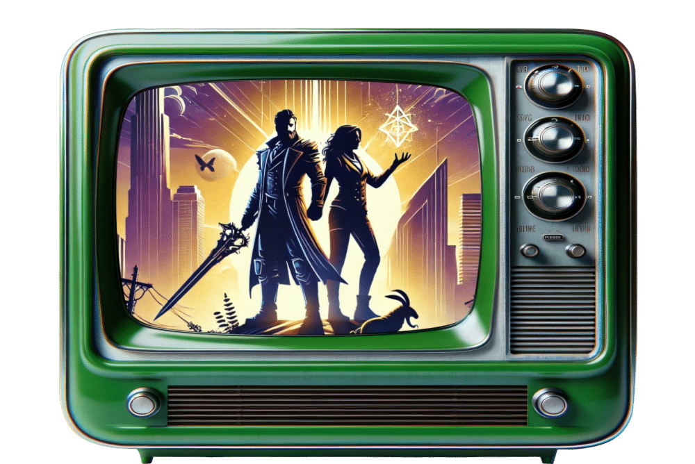 retro green tv with an ai image of a power video game couple