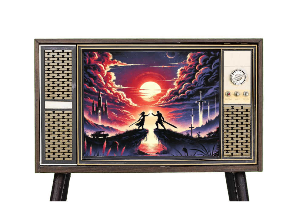 retro tv with an ai image of a romantic dramatic video game couple