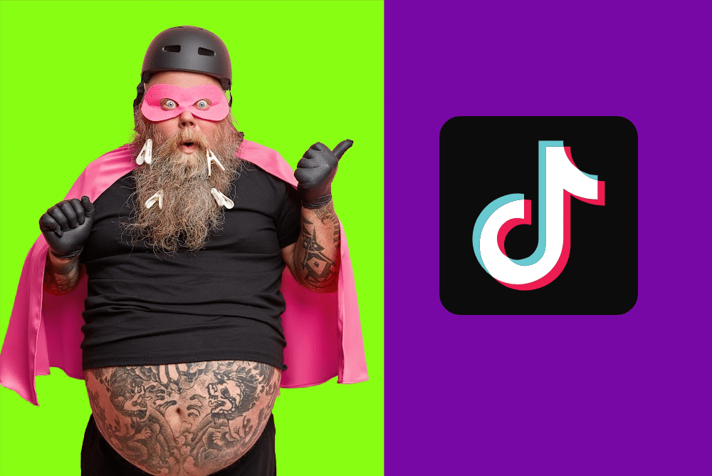 man in a costume pointing to tiktok logo