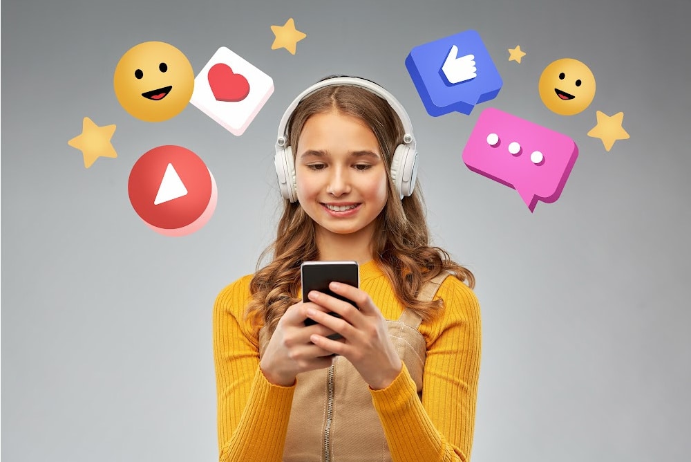 young woman listening to a podcast wearing headphones with social media likes, thumbs ups, smiley faces, and hearts