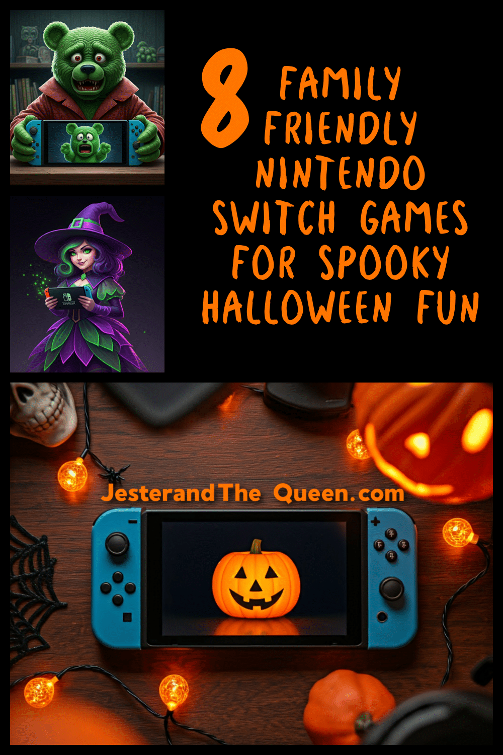 a cute witch holding a nintendo switch, a scary bear holding switch games, a switch laying on a table with candles and a pumpkin