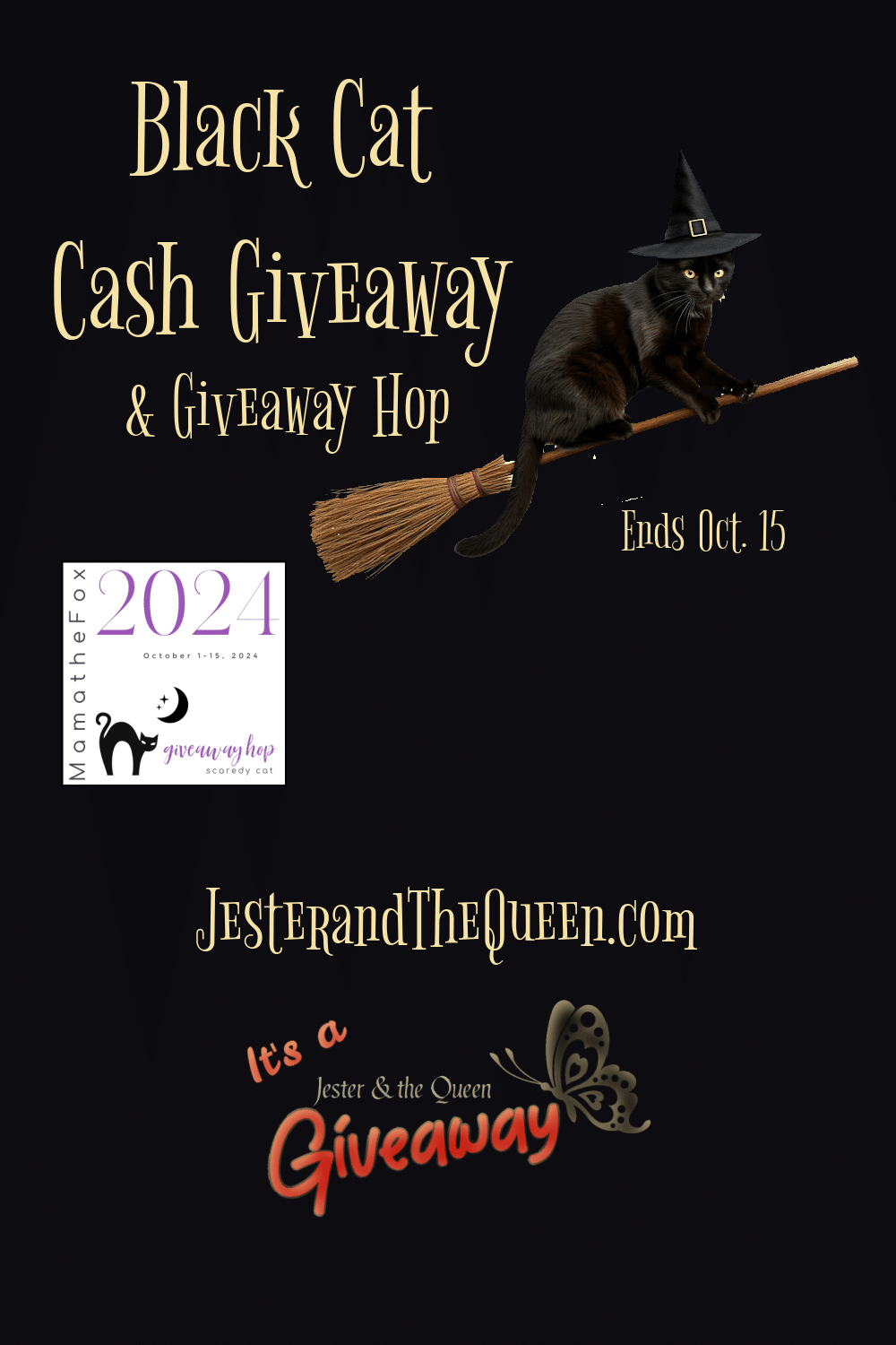 black cat on a broom with a witch hat black cat cash giveaway