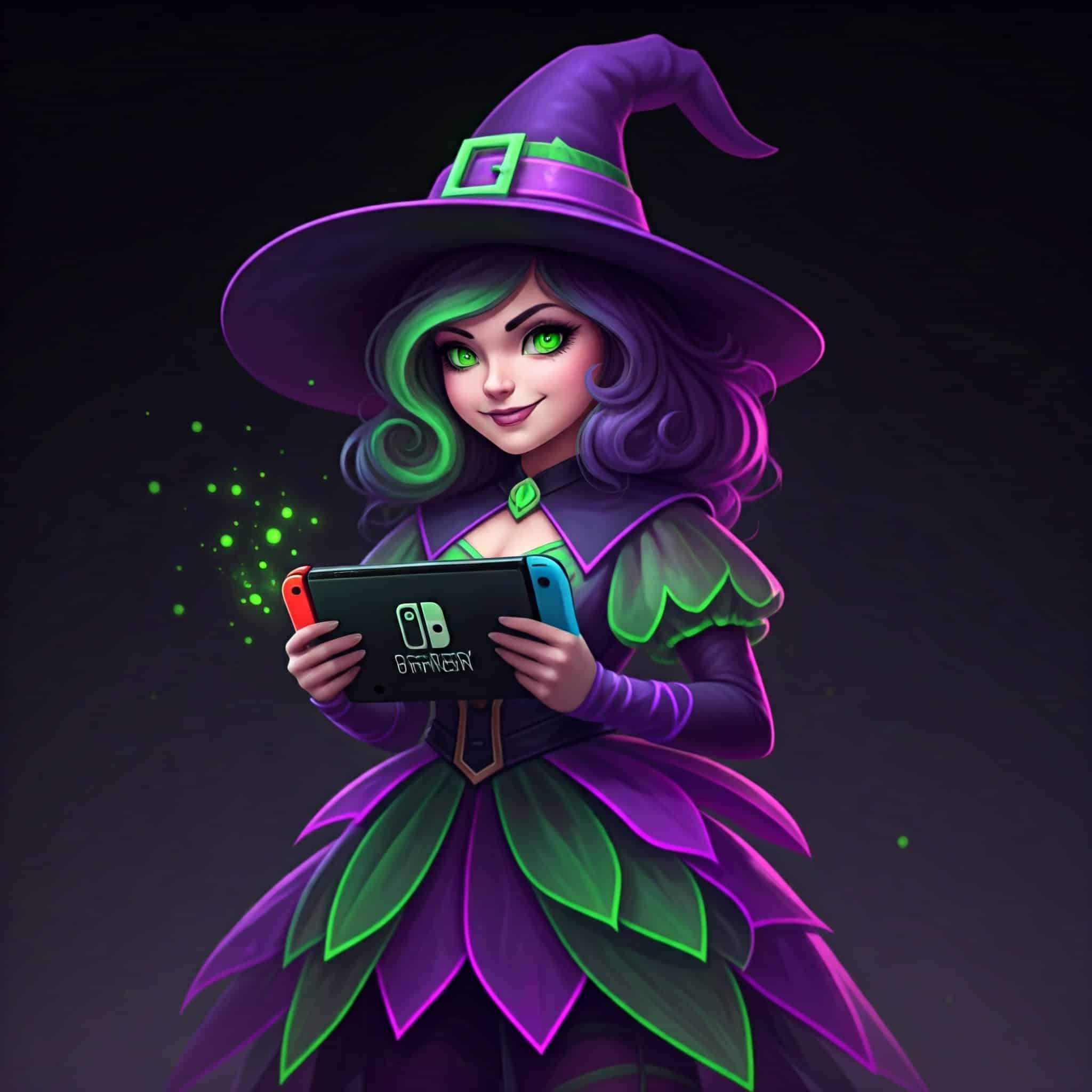 a cute witch playing nintendo switch games