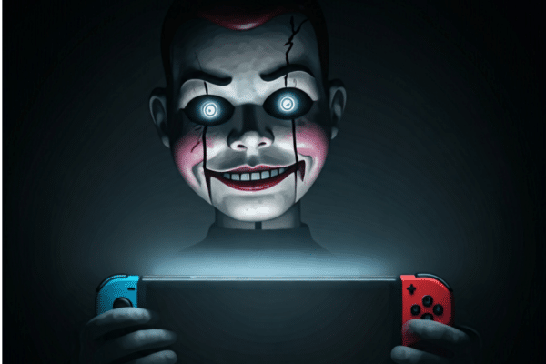 creepy scary ventriloquist dummy with glowing eyes and scars on his face with a scary smile playing Nintendo switch