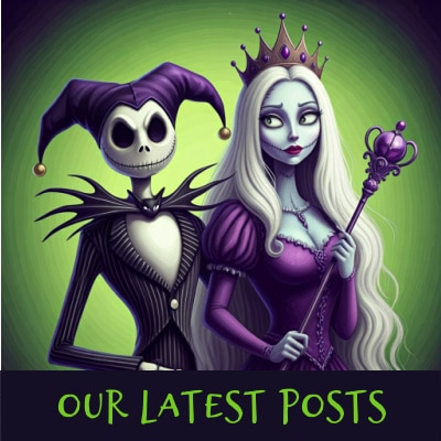 Jester and The Queen in a halloween cartoon style and the words our latest posts