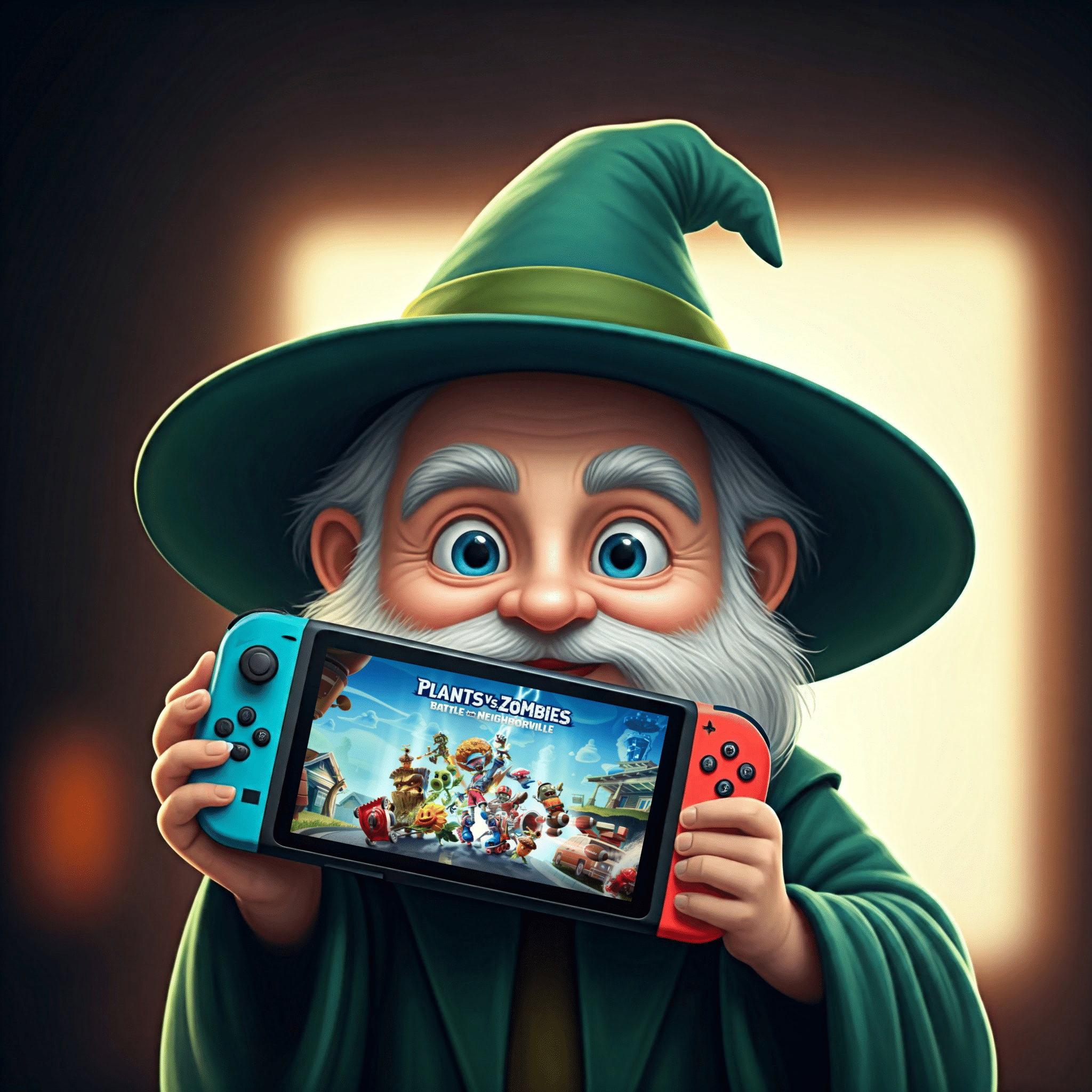 cute wizard holding a nintendo switch with the game Plants vs Zombies on it.