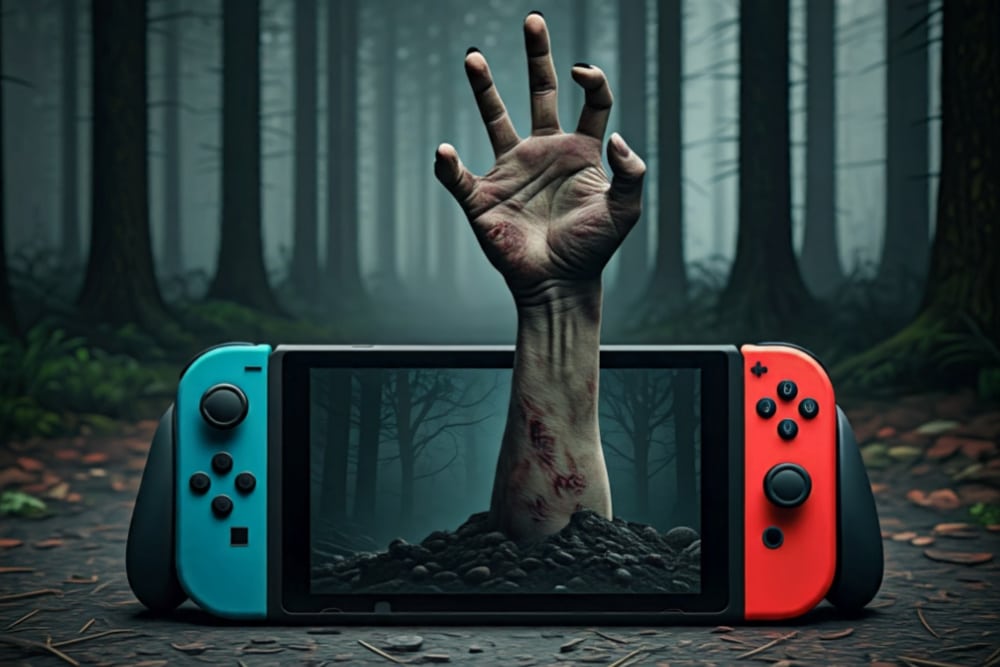 zombie hand coming out of a grave on a nintendo switch in a nightmare woods