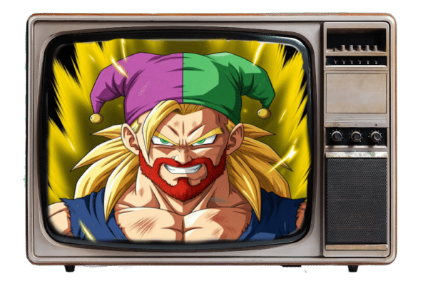 jester as a Dragonball favorite anime series character on an old TV