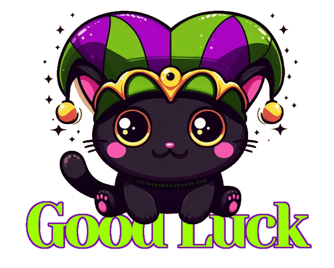 Umbreon The Cat wearing a jester hat in a kawaii style and the words goog luck