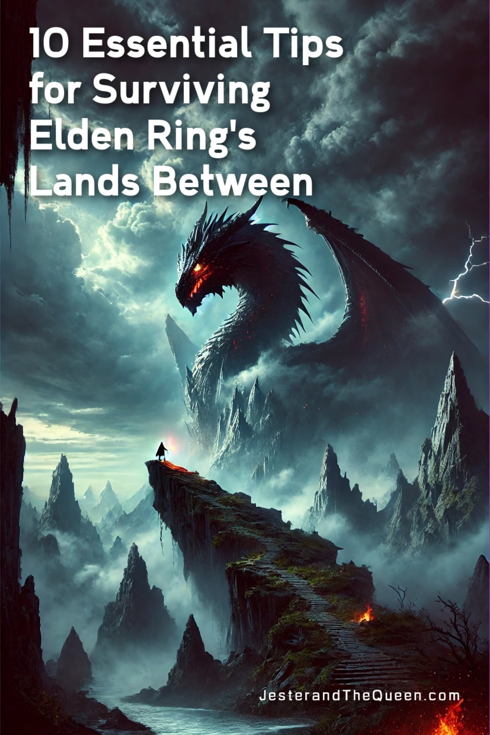 ai generated stylized image of a dragon and a knight with the words 10 Essential Tips for Surviving Elden Ring's Lands Between