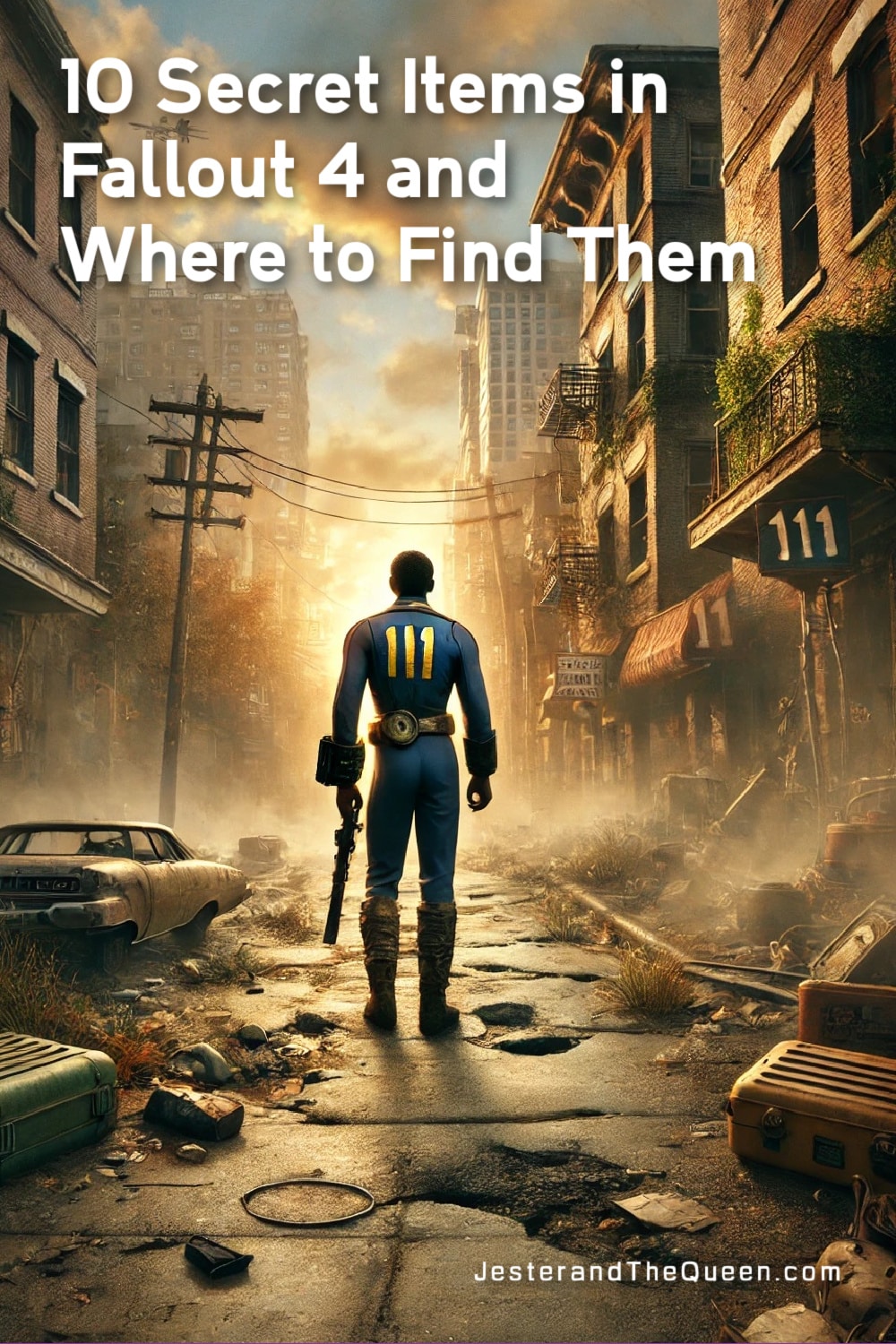 ai image stylized like Fallout 4 111 vault dweller in a city street and the words 10 secret items in Fallout 4 and where to find them