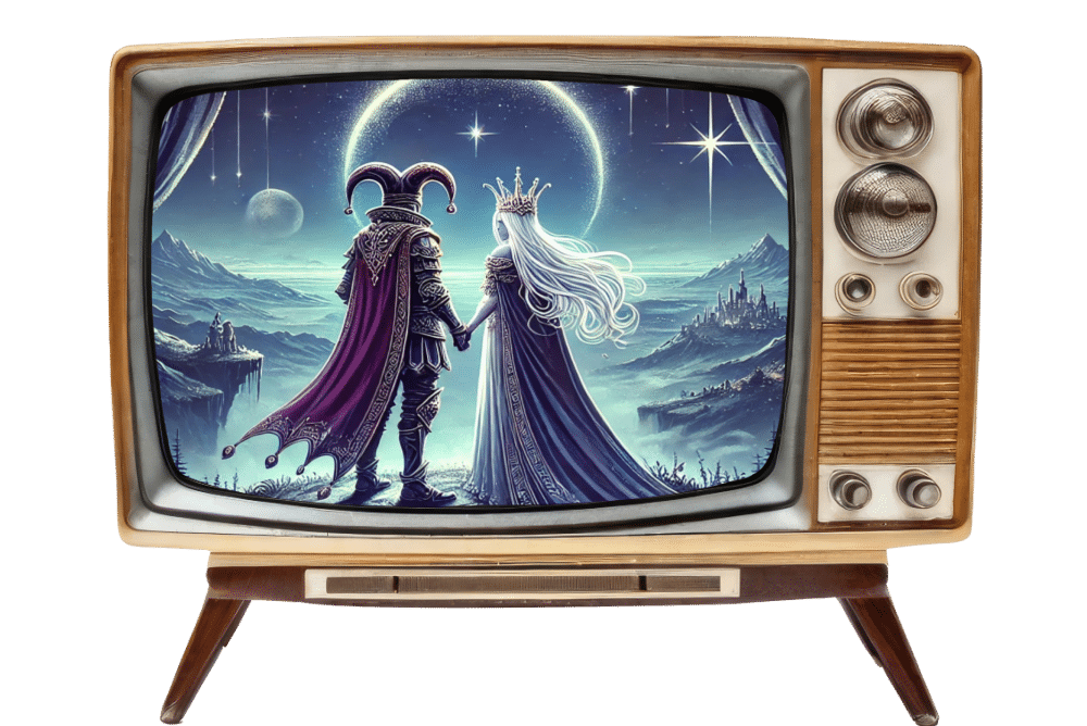 retro TV with an ai image of jester and the queen as an epic video game couple