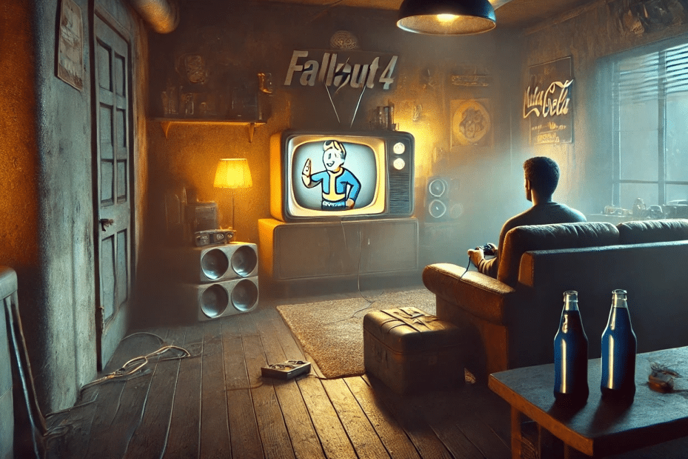 ai image stylized like Fallout 4 of a person playing the game looking for hard to find items in Fallout 4