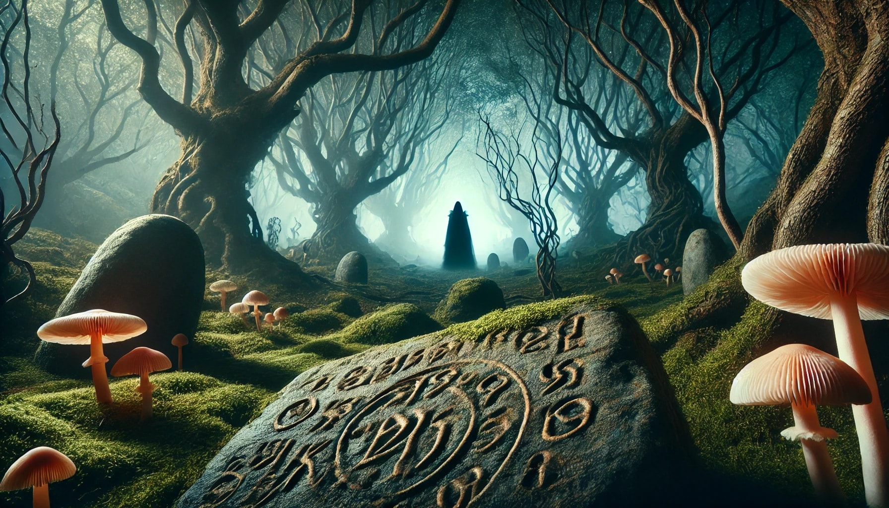 an aim generated image of Elden Ring with mushrooms and runes in a foggy forest