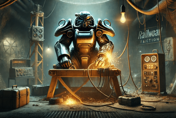 ai image stylized like Fallout 4 of an armor suit powering up