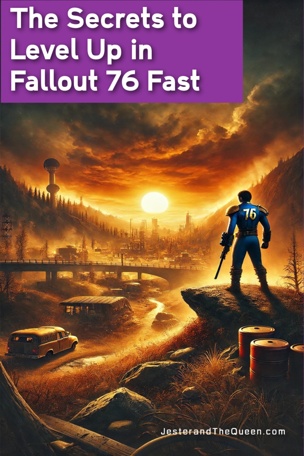 a Fallout 76 inspired ai image with the words The Secrets to Level up in Fallout 76 Fast