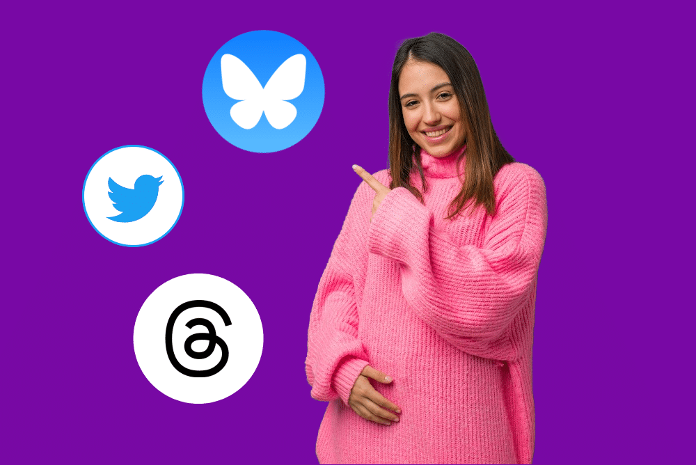 woman point to BlueSky, Twitter, and Threads logos