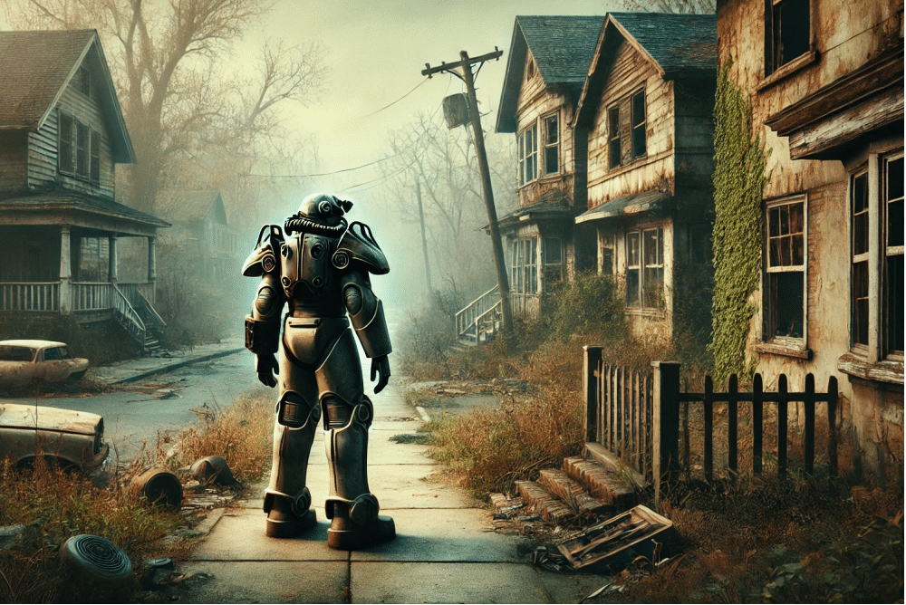 ai image stylized like Fallout 4 person wearing power armor walking in a a neighborhood looking for hard to find items in Fallout 4