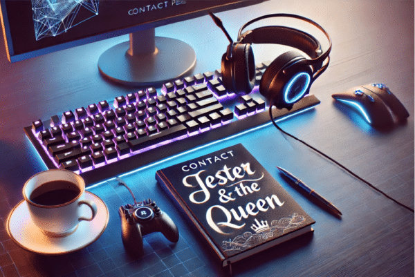 Ai imaging of a content creators desk with a game controller, pod cast headphones a keyboard, coffee and a book that has contact jester and the queen written on it