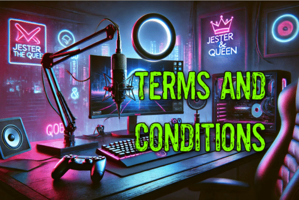 ai imagining of Jester's gaming and streaming set up with the words terms and conditions