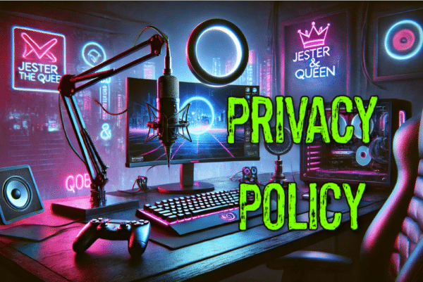 ai imagining of a gamers desk with a streaming and podcast set up in a cyberpunk style with the words privacy policy